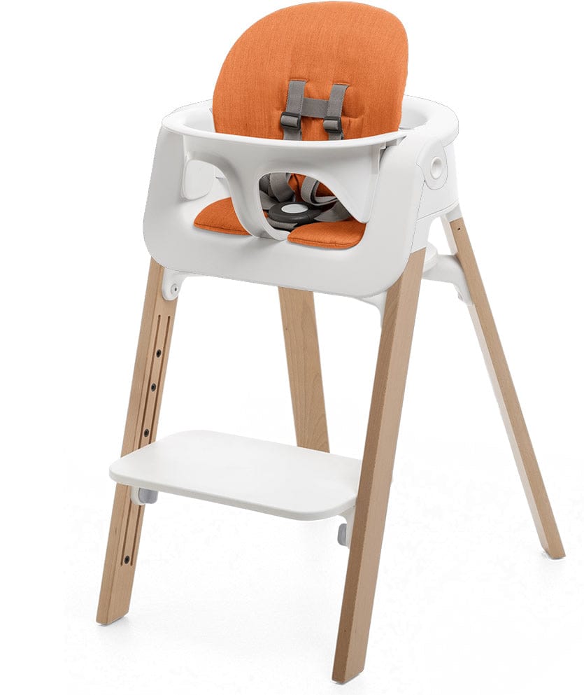 Stokke Steps Chair + Cushion (No Tray) - White/Natural/Orange - STHCCSHNOTRY-WHTNTRLORNGE