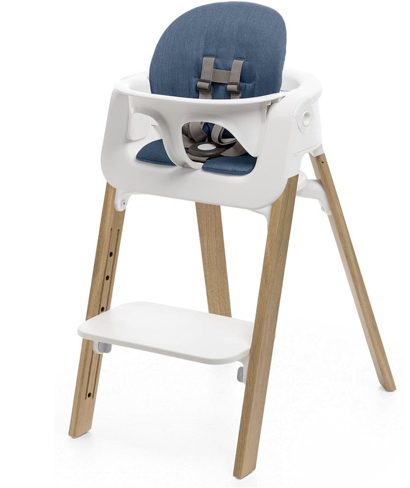 Stokke Steps Chair + Cushion (No Tray) - White/Oak Natural/Blue - STHCCSHNOTRY-WHTOAKNTRLBLUE