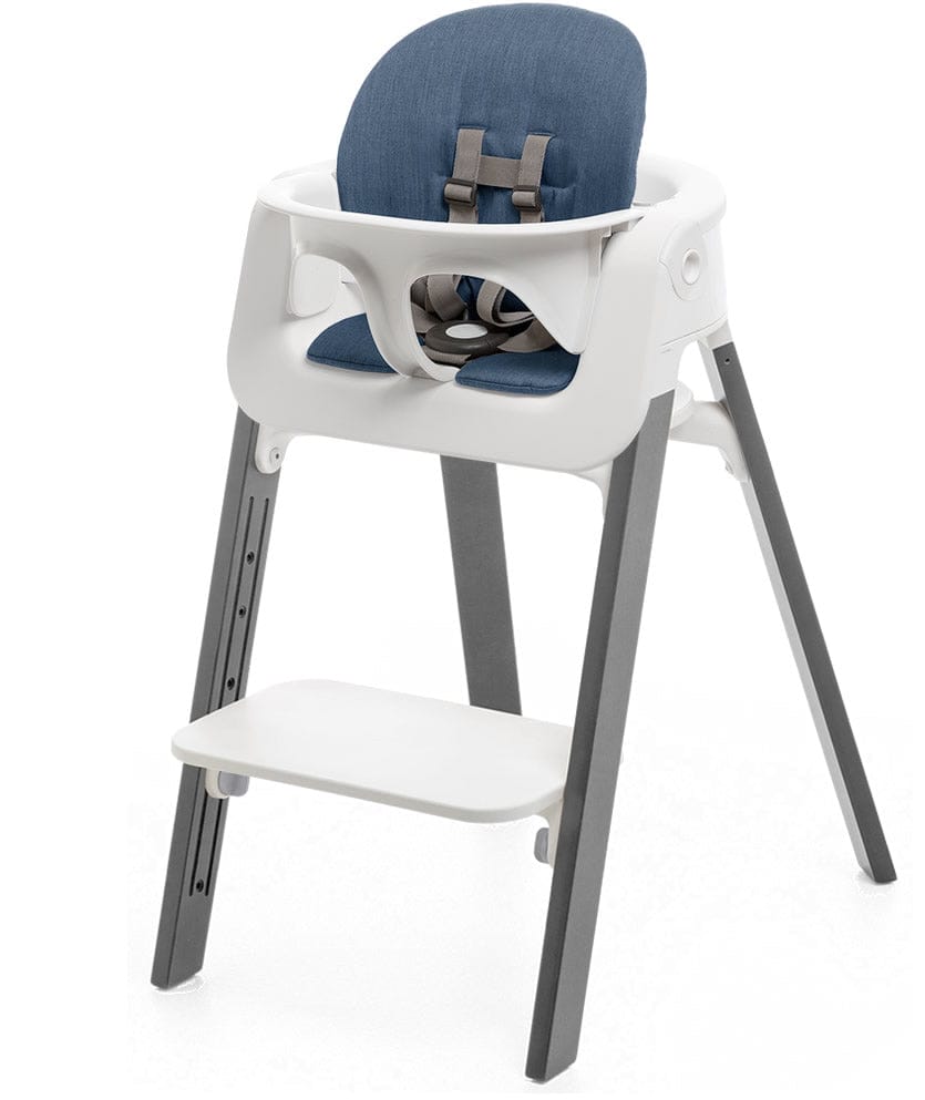 Stokke Steps Chair + Cushion (No Tray) - White/Storm Grey/Blue - STHCCSHNOTRY-WHTSTRMGRYBLUE