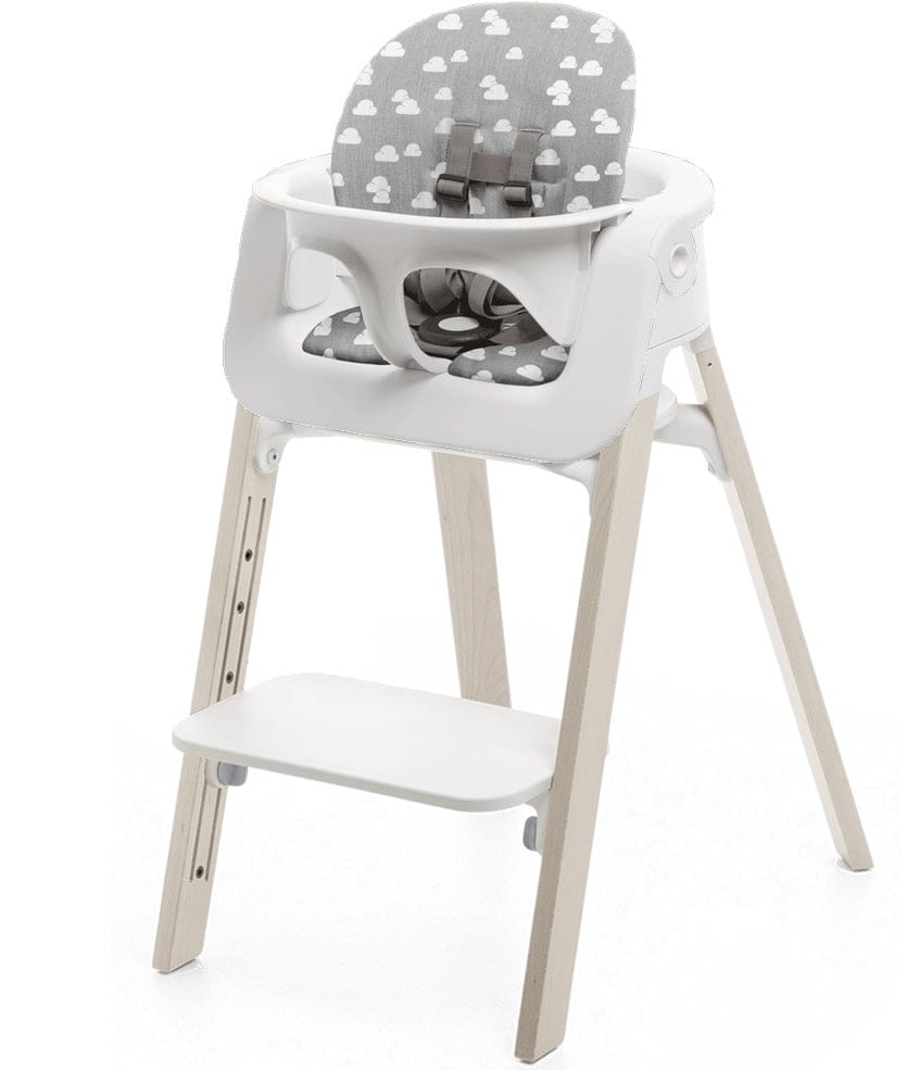 Stokke Steps Chair + Cushion (No Tray) - White/Whitewash/Grey Clouds - STHCCSHNOTRY-WHTWSHGRYCLDS