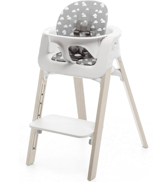 Stokke Steps Chair + Cushion (No Tray) - White/Whitewash/Grey Clouds - STHCCSHNOTRY-WHTWSHGRYCLDS