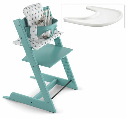 Tripp Trapp High Chair and Cushion with Stokke Tray -- Aqua Blue/Aqua Star