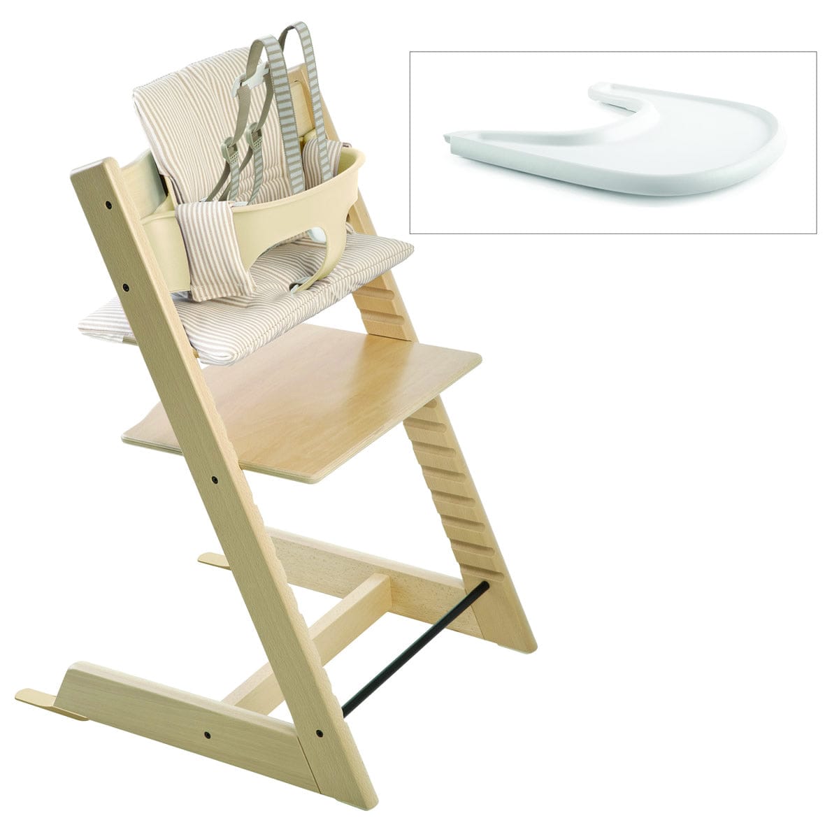 Tripp Trapp High Chair and Cushion with Stokke Tray -- Natural/Beige Stripe