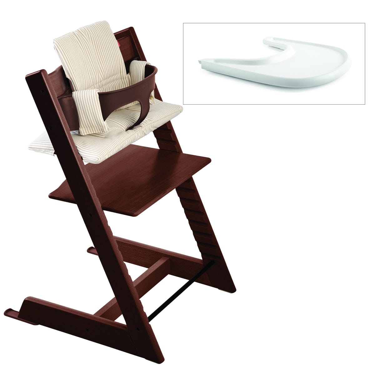 Tripp Trapp High Chair and Cushion with Stokke Tray -- Walnut/Beige Stripe