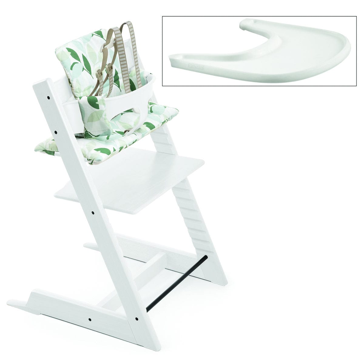 Tripp Trapp High Chair and Cushion with Stokke Tray -- White/Green Forest