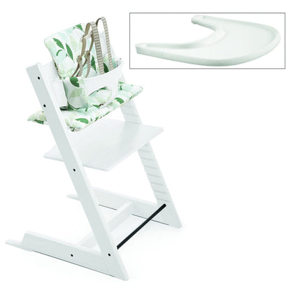 Tripp Trapp High Chair and Cushion with Stokke Tray -- White/Green Forest