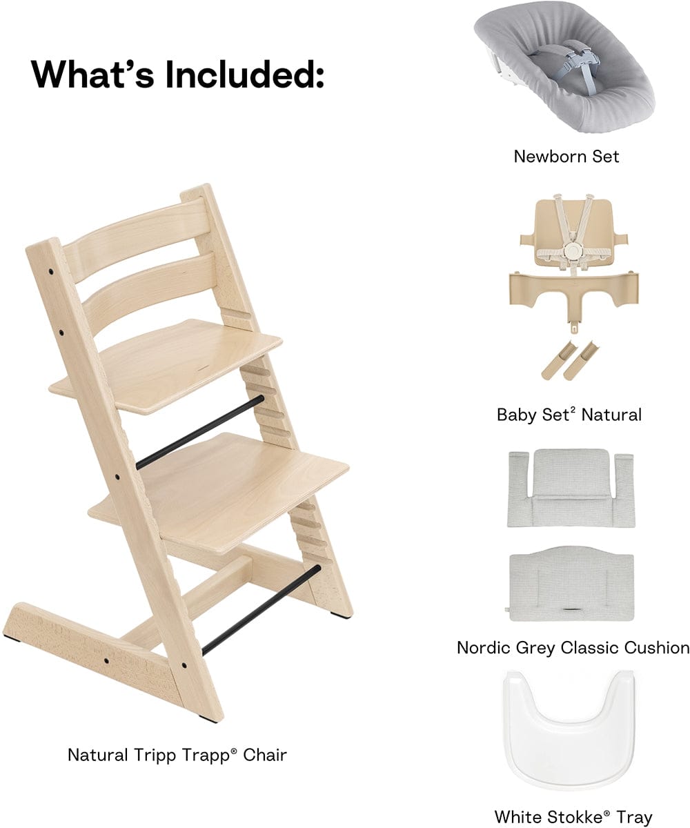 Stokke Tripp Trapp High Chair² with Cushion, Tray and Newborn Set, Natural + Nordic Grey Cushion