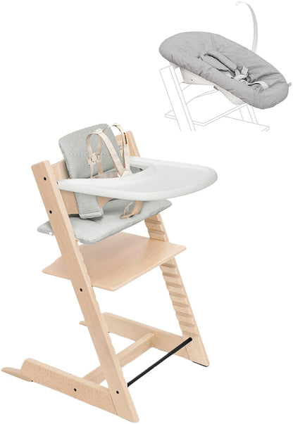 Stokke Tripp Trapp High Chair² with Cushion, Tray and Newborn Set, Natural + Nordic Grey Cushion