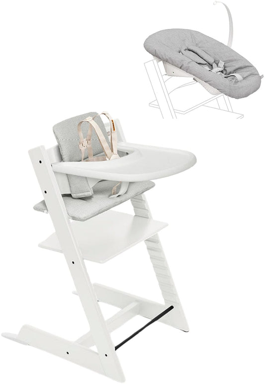 Stokke Tripp Trapp High Chair2 with Cushion, Newborn Set and Stokke Tray - White / Nordic Grey - 663100
