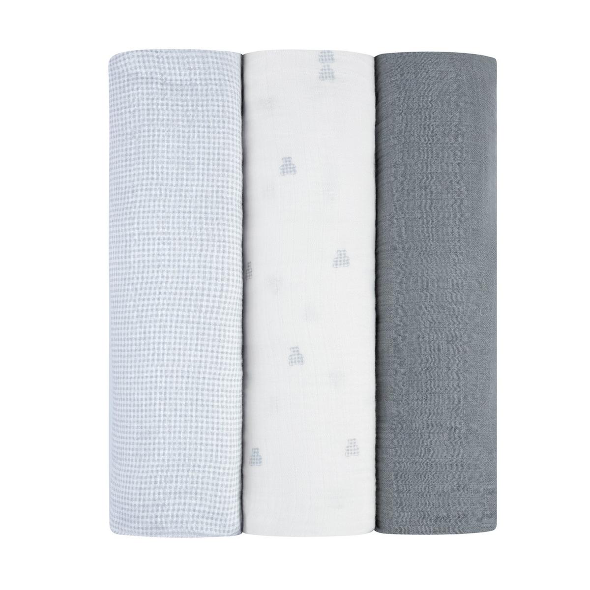 Ely's & Co. 3 Pack Muslin Swaddles - Gingham Bear Collection - Blue