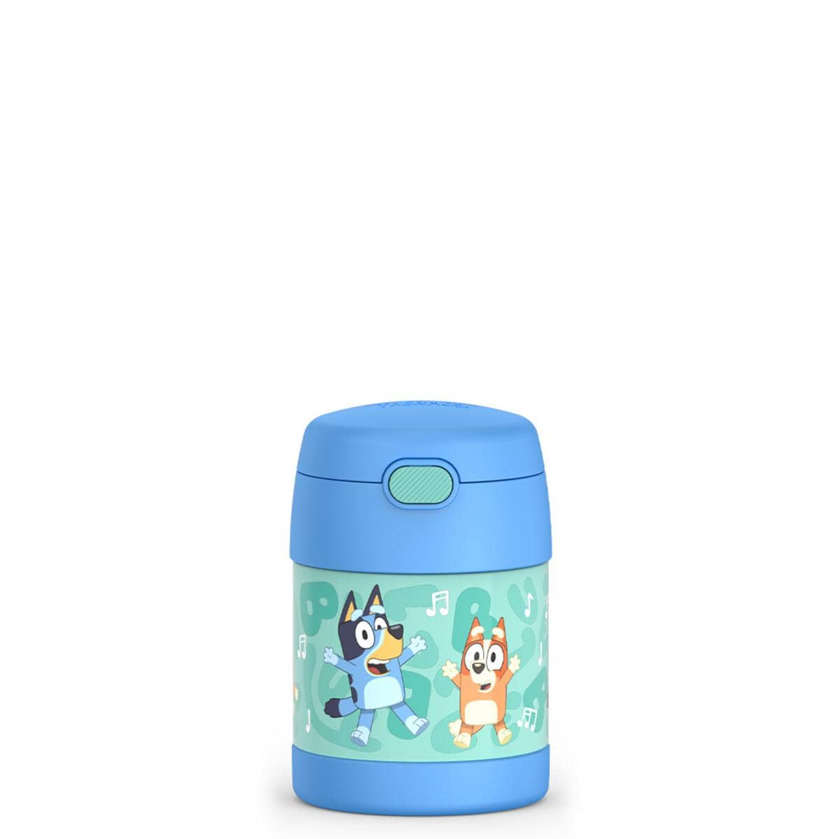 Thermos Bluey food jar with blue lid and character print