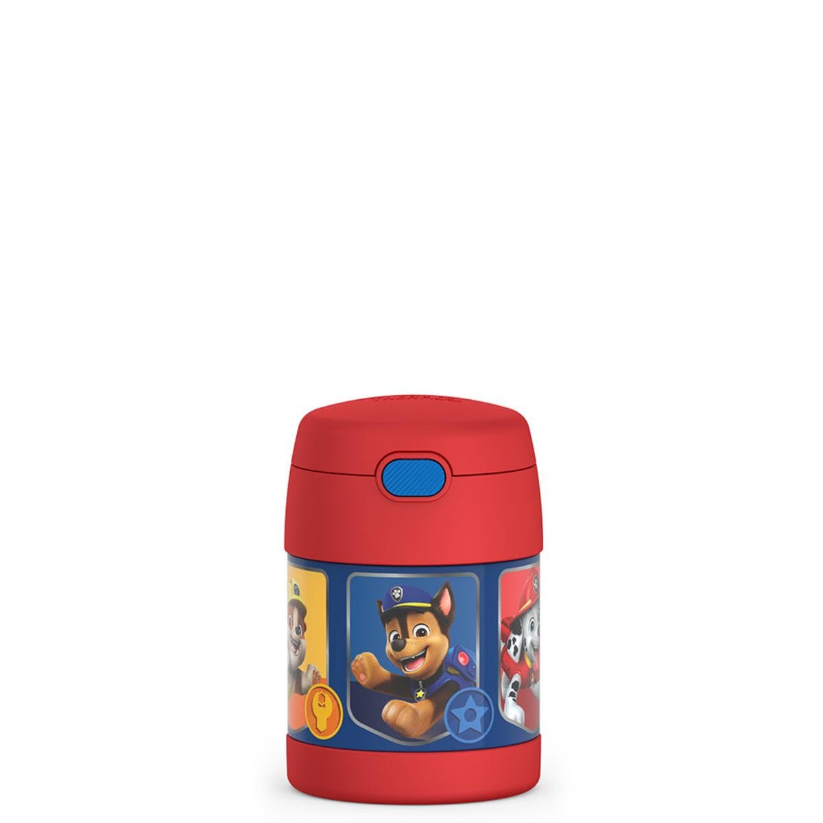 Thermos Paw Patrol food jar with red lid and character graphics
