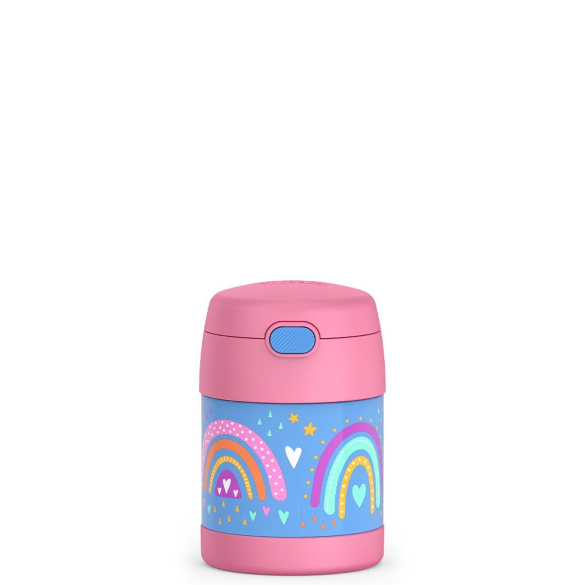 Thermos food jar with pink lid and blue base featuring rainbow and heart pattern