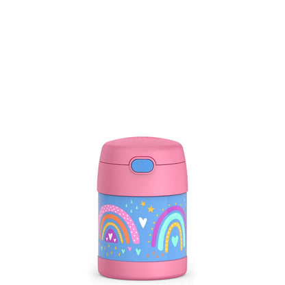 Thermos food jar with pink lid and blue base featuring rainbow and heart pattern