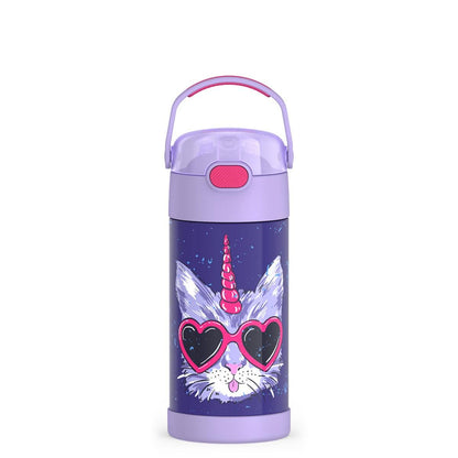 Thermos purple water bottle with a cat unicorn graphic wearing heart sunglasses