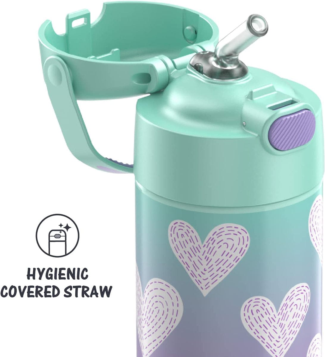 Thermos FUNtainer Vacuum Insulated Stainless Steel Straw Water Bottle, 12oz - Purple Hearts - F4102PH6