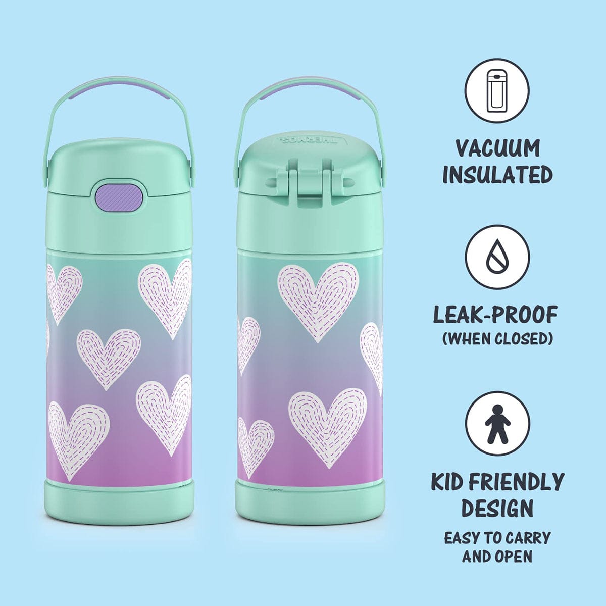 Thermos FUNtainer Vacuum Insulated Stainless Steel Straw Water Bottle, 12oz - Purple Hearts - F4102PH6