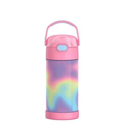 Thermos pink water bottle with a rainbow tie dye pattern and a carry handle