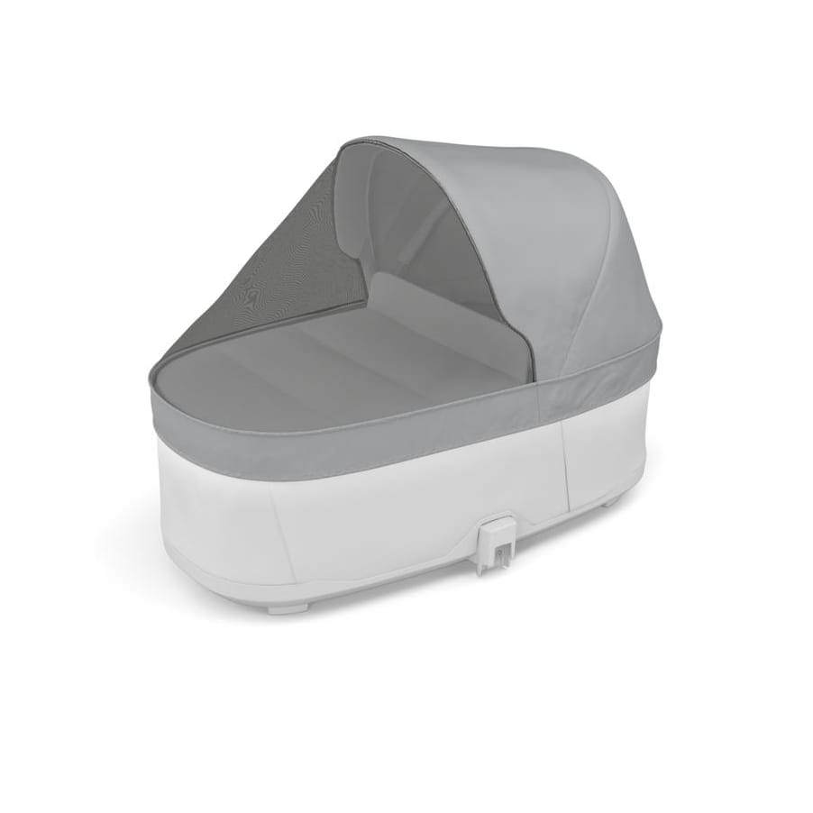Grey and white baby bassinet with canopy