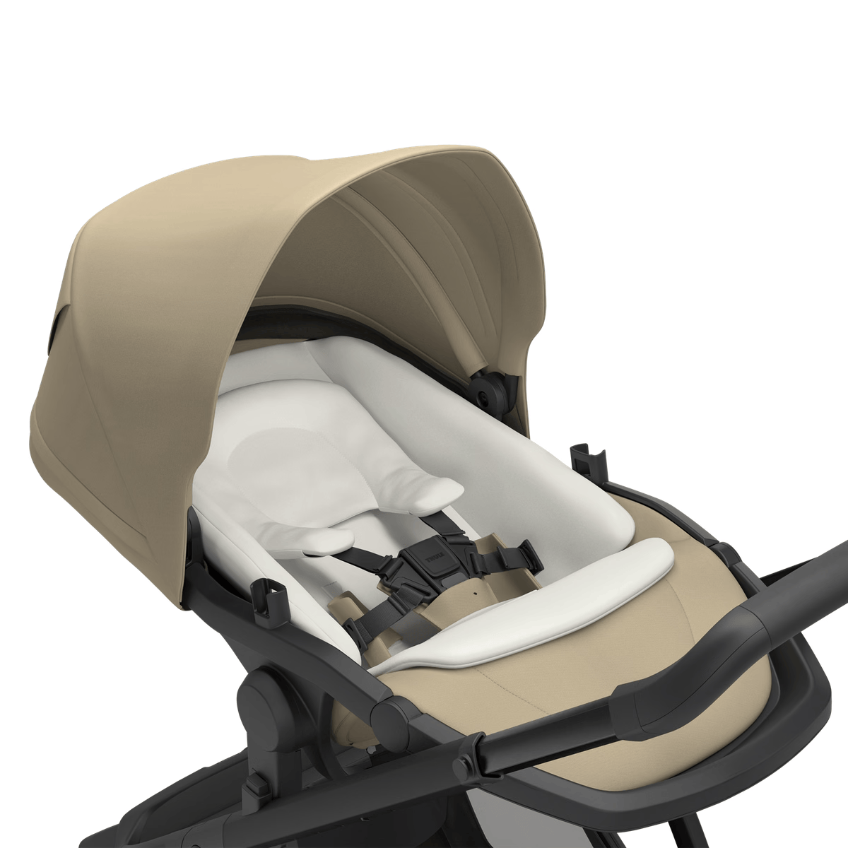 Thule stroller seat with beige canopy and white padded liner with five point harness