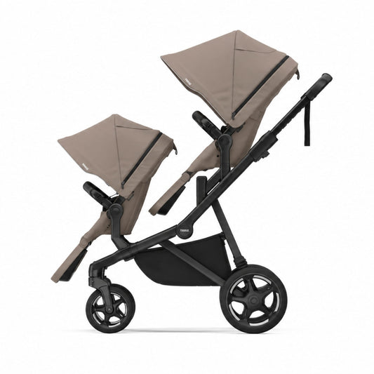 Thule double stroller in tan with black frame