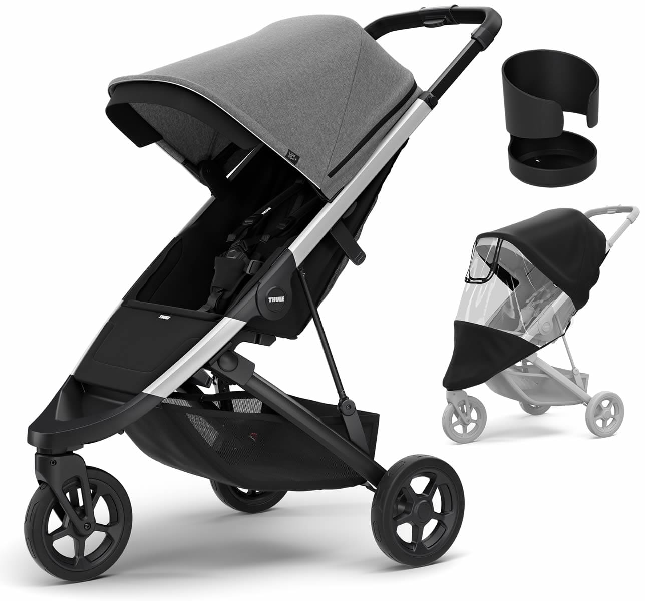 Thule Spring Stroller + Essentials Bundle - Aluminum/Grey Melange - 11300207-CUP-RC