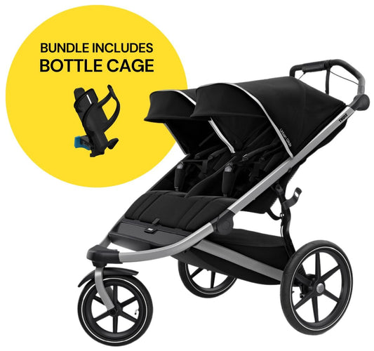 Thule Urban Glide 2 Double Jogger Stroller + Water Bottle Cage Bundle - Jet Black - T-UG2-D-JB-B1