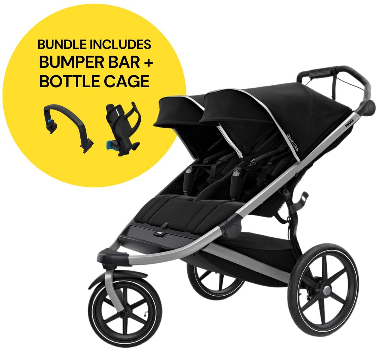 Thule Urban Glide 2 Double Jogging Stroller Essentials Bundle - Jet Black - 10101951-BAR-CAGE