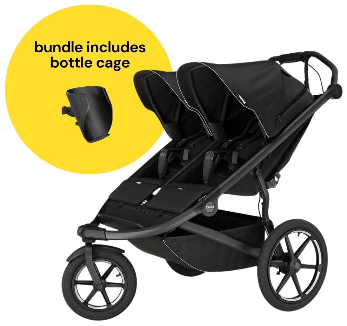 Thule Urban Glide 3 Double Jogging Stroller with NON-Magnetic Buckle+ Bottle Cage Bundle - Black - 10101978-20201521