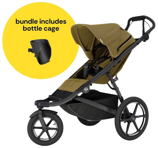 Thule Urban Glide 3 Single Jogging Stroller with NON-Magnetic Buckle + Bottle Cage Bundle - Nutria Green - 10101974-20201521