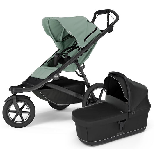 Thule Urban Glide 3 Single Jogging Stroller with NON-Magnetic Buckle + Bassinet Bundle - Mist Green / Black - 10101705-20110754