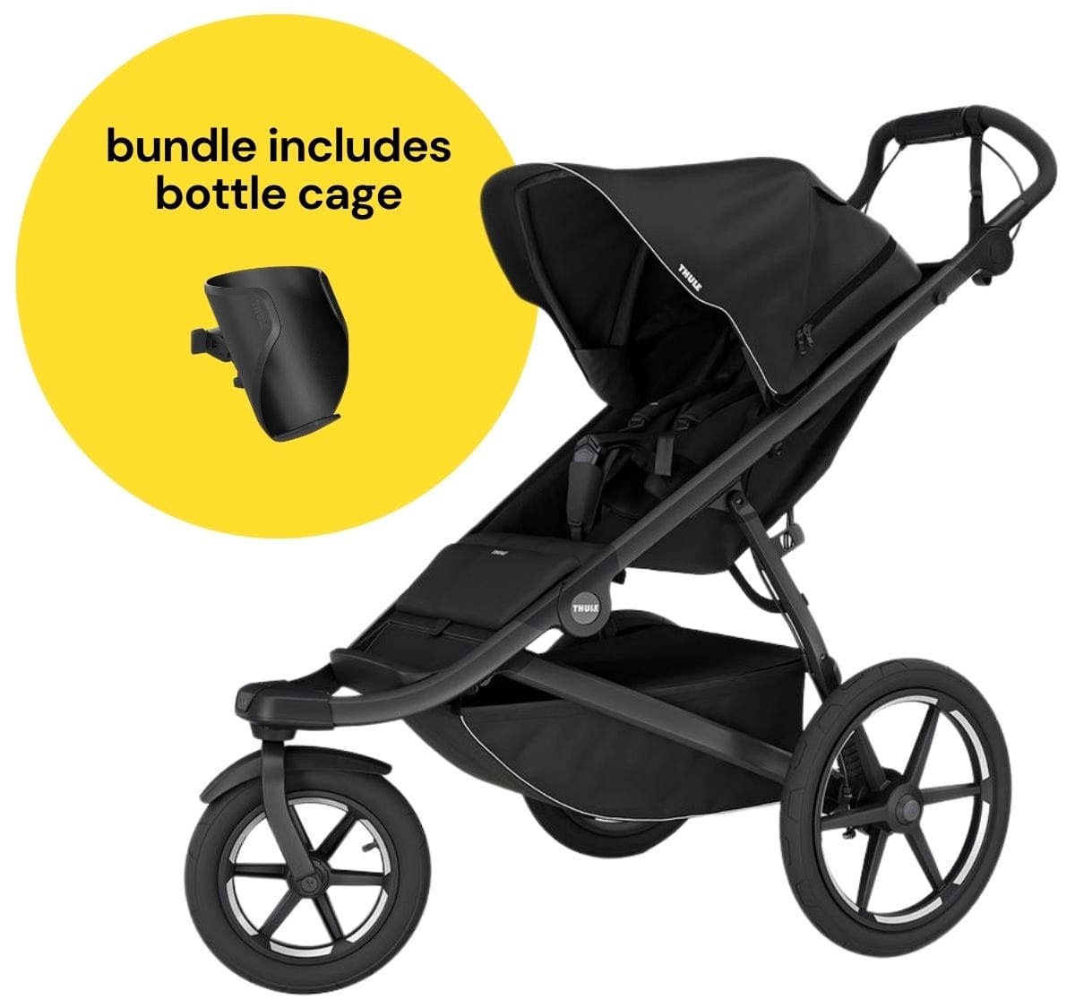 Thule Urban Glide 3 Single Jogging Stroller with NON-Magnetic Buckle + Bottle Cage Bundle - Black - 10101972-20201521