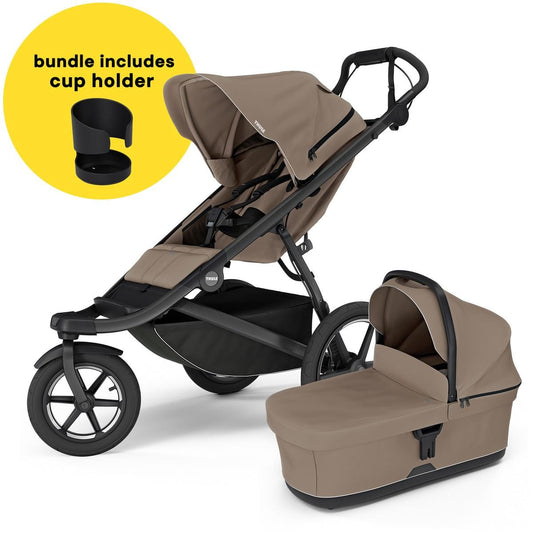 Thule Urban Glide 3 Single Jogging Stroller with NON-Magnetic Buckle + Cup Holder + Bassinet Bundle - Tinted Taupe - 10101704-20110777