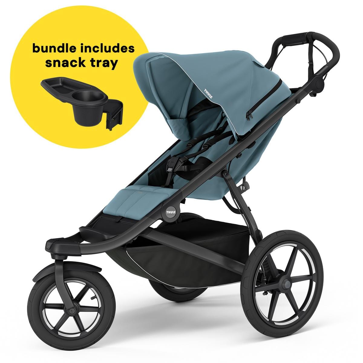 Thule Urban Glide 3 Single Jogging Stroller with NON-Magnetic Buckle + Snack Tray Bundle - Mid-Blue - 10101973-20110766