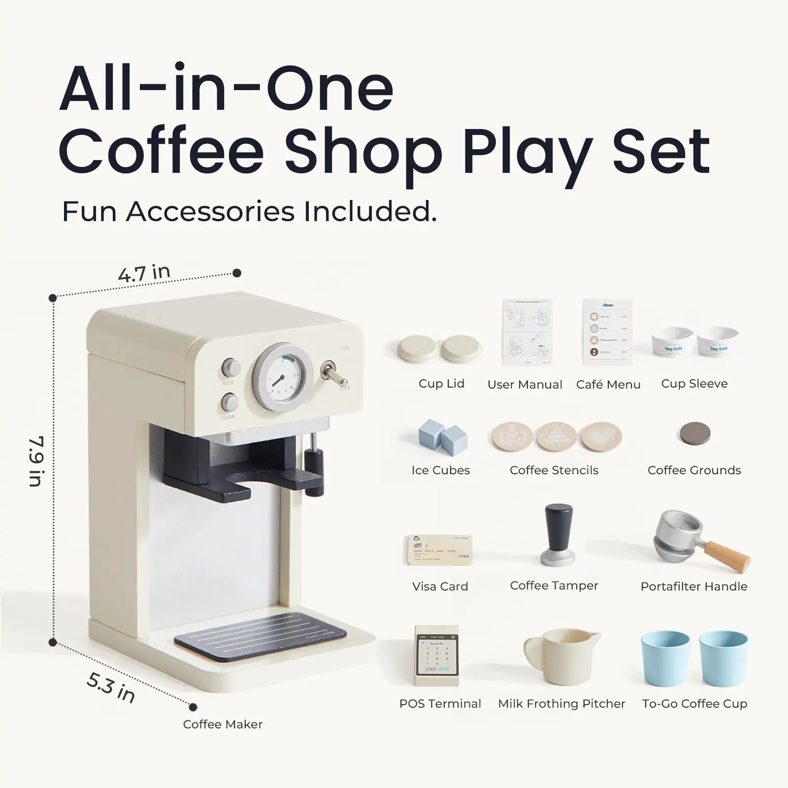 Tiny Land Play Kitchen Accessories – Children’s Coffee Maker: Wooden Café Play Set for Kids - TLTGCK002WT