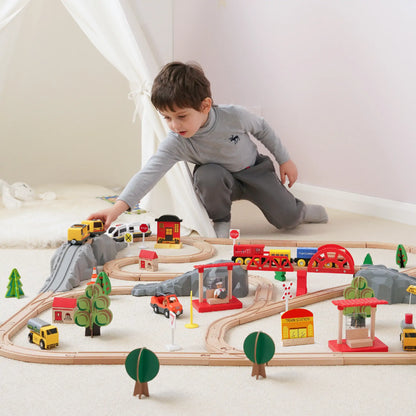 Tiny Land® Wooden Track Trains 55 Pcs - TLTGWT003