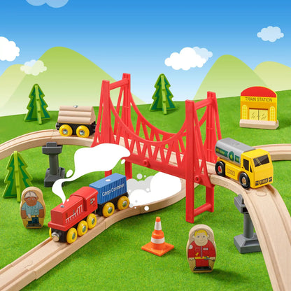 Tiny Land® Wooden Track Trains 55 Pcs - TLTGWT003