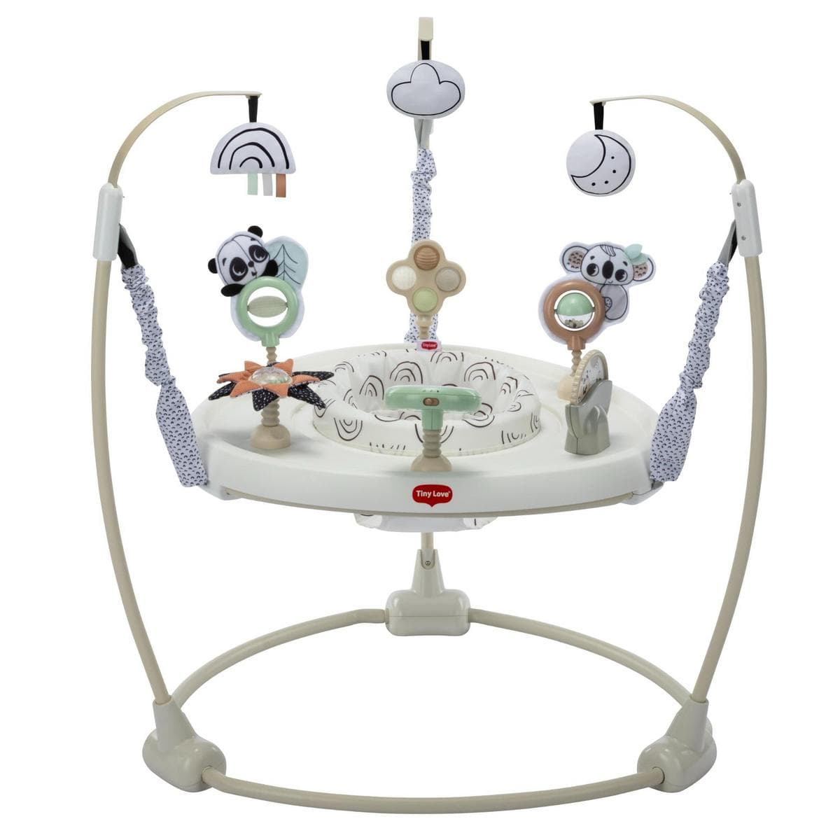 Tiny Love baby activity jumper with hanging toys and neutral patterned seat