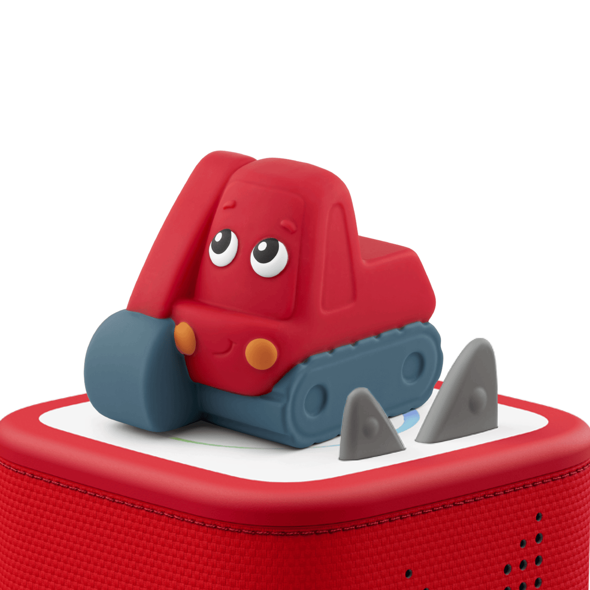 Red toy excavator character on a red speaker base