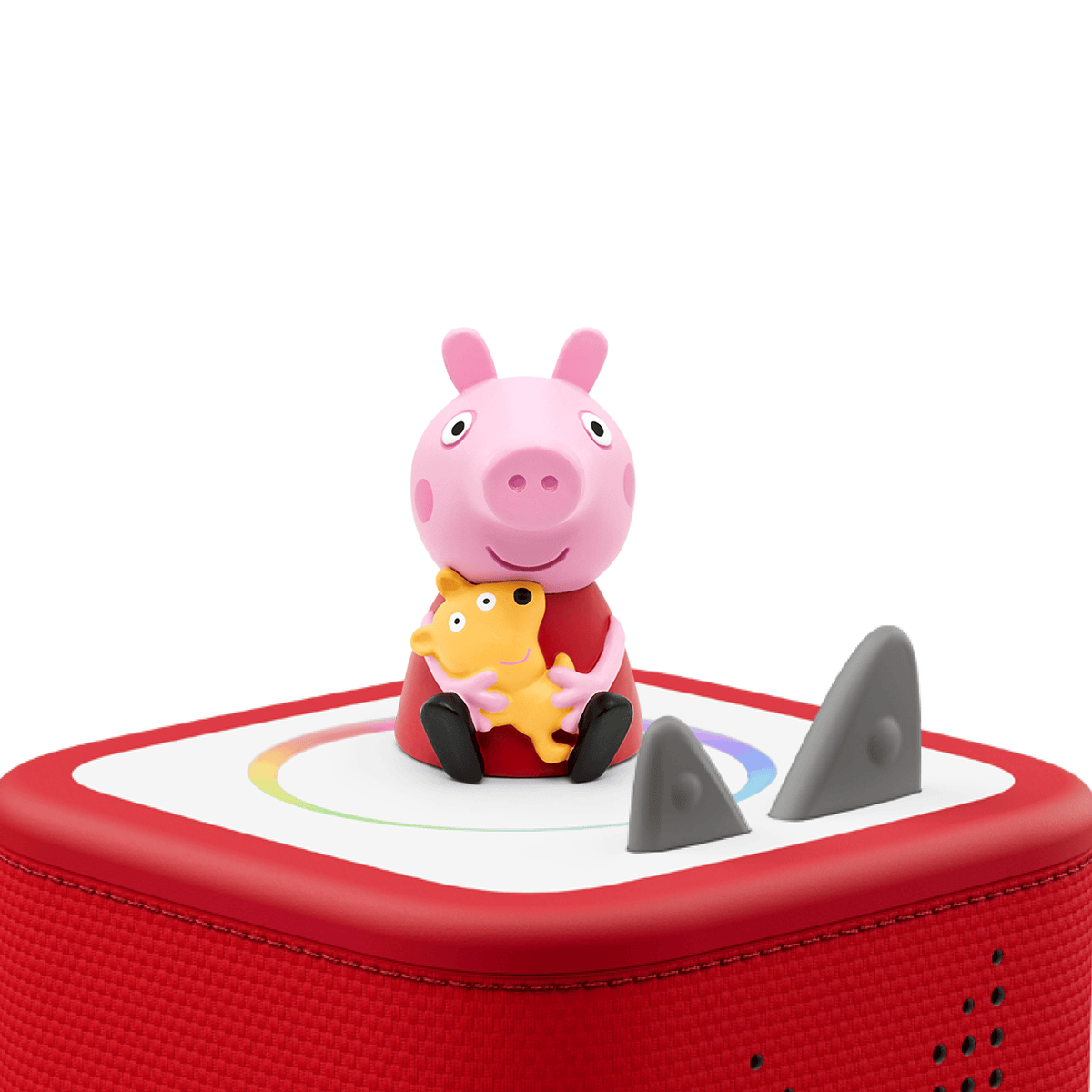 Tonies Peppa Pig figurine holding a teddy bear on a red speaker base