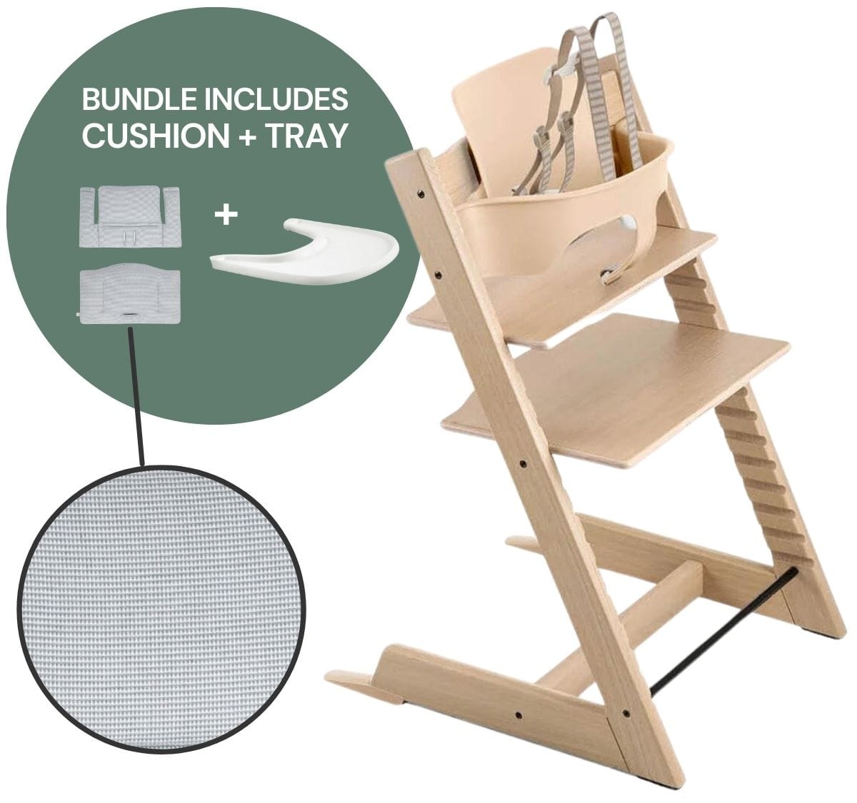 Tripp Trapp High Chair and Cushion with Stokke Tray -- Oak Natural / Nordic Blue