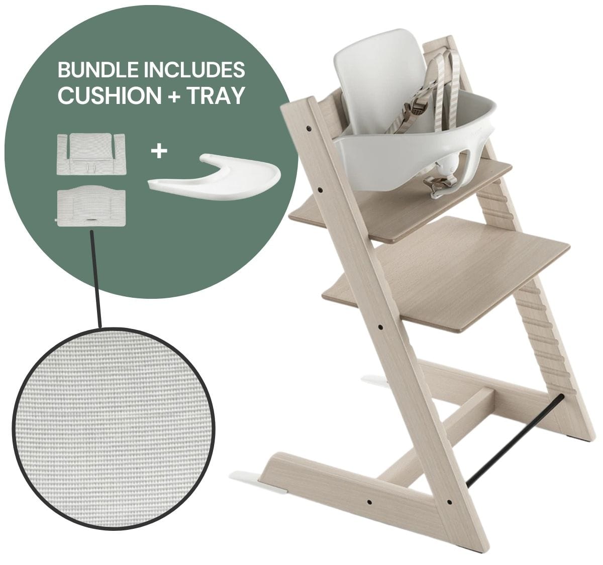 Tripp Trapp High Chair and Cushion with Stokke Tray -- Whitewash / Nordic Grey