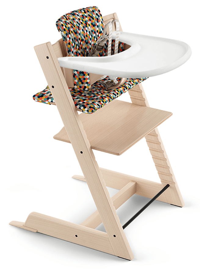 Tripp Trapp High Chair and Cushion with Stokke Tray Bundle - Natural / Honeycomb Happy / White