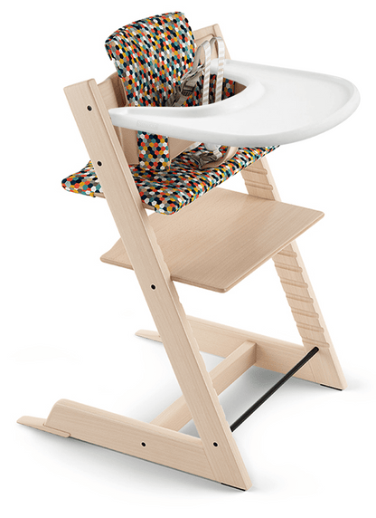Tripp Trapp High Chair and Cushion with Stokke Tray Bundle - Natural / Honeycomb Happy / White