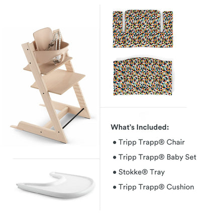 Tripp Trapp High Chair and Cushion with Stokke Tray Bundle - Natural / Honeycomb Happy / White