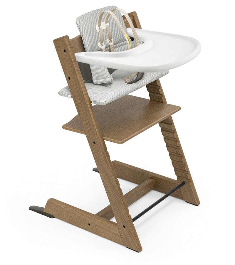 Tripp Trapp High Chair and Cushion with Stokke Tray Bundle - Oak Brown / Nordic Grey / White