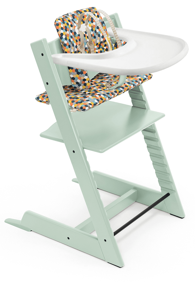Tripp Trapp High Chair and Cushion with Stokke Tray Bundle - Soft Mint / Honeycomb Happy / White