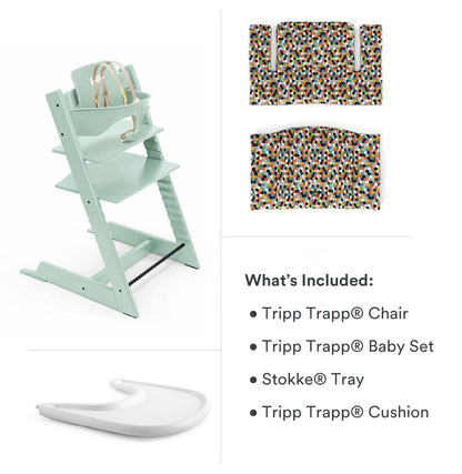 Tripp Trapp High Chair and Cushion with Stokke Tray Bundle - Soft Mint / Honeycomb Happy / White