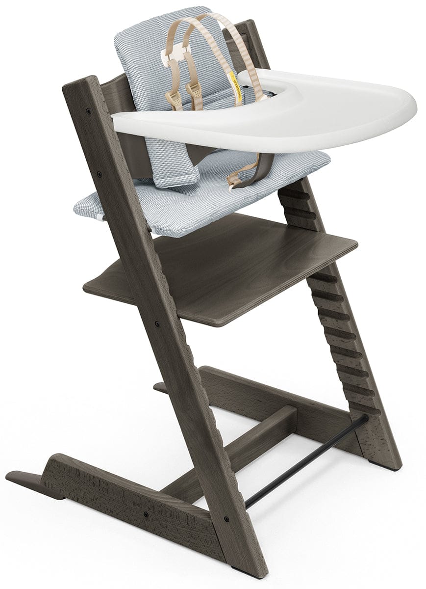Tripp Trapp High Chair and Cushion with Stokke Tray - Hazy Grey / Nordic Blue