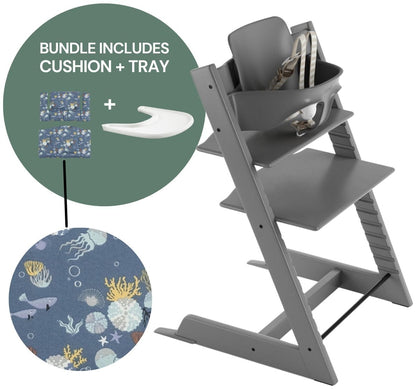 Tripp Trapp High Chair and Cushion with Stokke Tray -- Storm Grey / Into the Deep - 586400